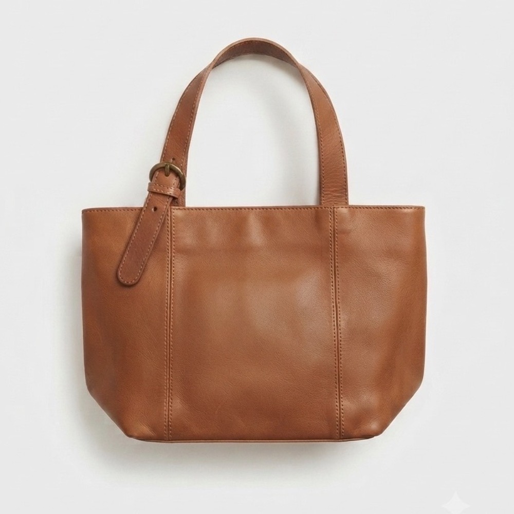 Tannery West Brown Leather Small Tote Bag Gold Buckle Detail Zipper Closure